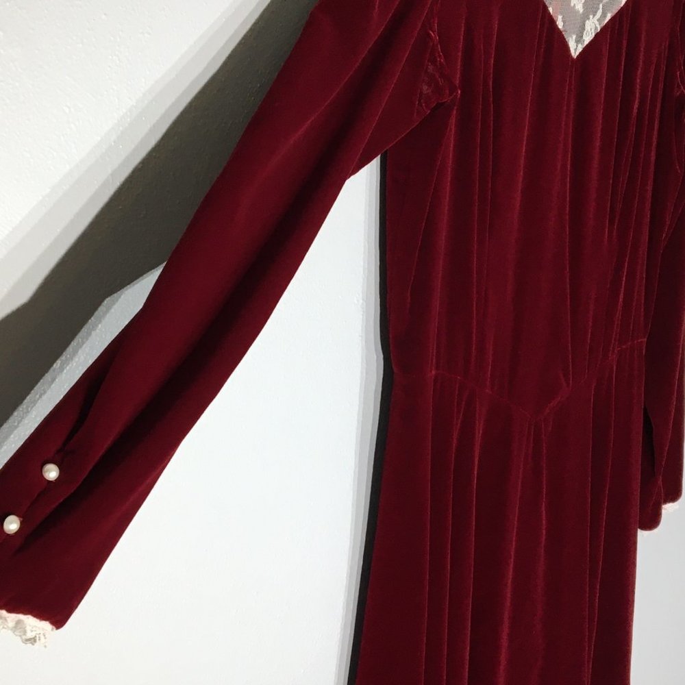Vintage 60s 70s Victorian Velvet Maroon Maxi Dress, High Lace Neck, Steampunk - Picture 9 of 11
